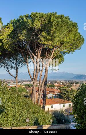 Atemberaubende Aussicht aus der Luft auf Collesalvetti und Vicarello, Livorno, Italien, mit schneebedeckten Bergen im Hintergrund Stockfoto