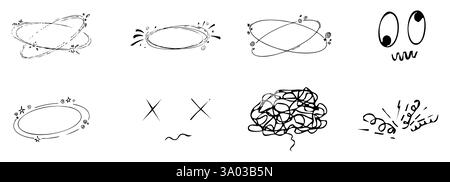 Schwindeleffekt, Kopfschmerzen, krankes Zeichnen-Doodle-Comic-Set. Schwindelgesichter, Stars über dem Kopf, Emotionen, verrückte handgezeichnete Linien-Kollektion. Vektorabbildung Stock Vektor
