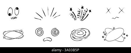 Schwindeleffekt, Kopfschmerzen, krankes Zeichnen-Doodle-Comic-Set. Schwindelgesichter, Stars über dem Kopf, Emotionen, verrückte handgezeichnete Linien-Kollektion. Vektorabbildung Stock Vektor