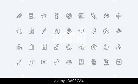 Pflege, Hund und Katze Käfig, Träger und Spielzeug, Pfoten Fußabdruck dünne schwarze Umrisssymbole Vektor Illustration. Veterinär-, Tierarztladen, Zubehör und Zubehör für die Tierpflege, Icon Set für die Lebensmittellinie Stock Vektor