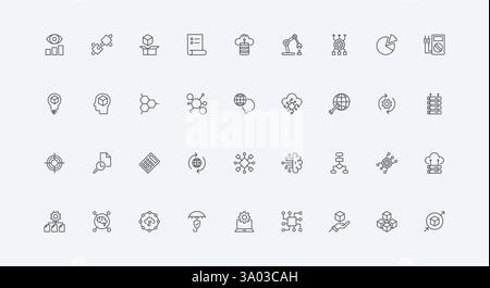 Automatische Prozesse von Servern, intelligente Lösung und Modell dünne schwarze Umrisssymbole Vektorillustration. Big Data, maschinelles Lernen, Algorithmus- und Strukturvisualisierung mit KI-Liniensymbolen Stock Vektor