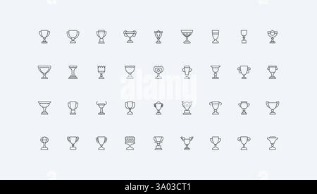 Goldene Kelche des Sieges dünne schwarze Umrisssymbole Vektor-Illustration. Gewinner Trophäenpokal, Erfolg und Ehre Preis, Preis des Champions in Wettbewerb, Turnier oder Contest Line Symbol Set Stock Vektor