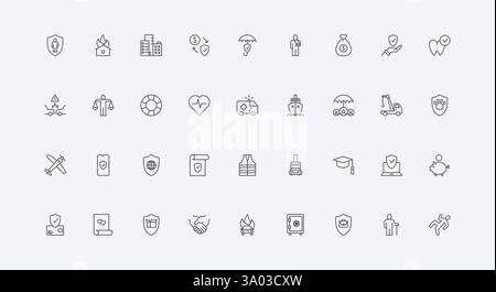 Richtlinie und Dokumente zum Schutz der Gesundheit und des Lebens, Eigenschaft dünne schwarze Umrisssymbole Vektorillustration. Versicherung, Unfallschutz und Naturkatastrophen, Symbolsatz für die Schadenszeile Stock Vektor