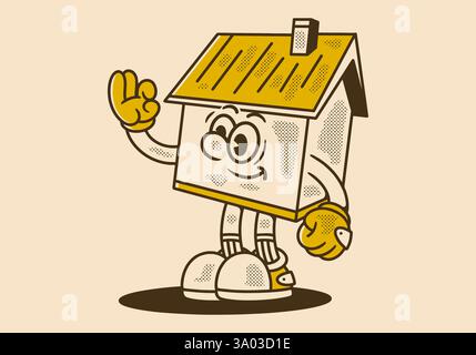 Charmante Retro-Illustration eines skurrilen Zeichentrickhauses mit Armen und Beinen, die fröhlich winken, für eine einladende und fröhliche Atmosphäre Stock Vektor