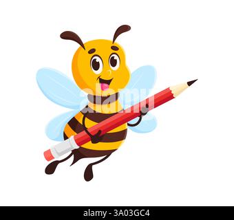 Cartoon Honigbiene Charakter oder niedliche Honigbiene mit Bleistift, Vektor Tier Maskottchen für Kinder. Lustige Biene oder Hummel mit fröhlichem Gesicht und Bleistift Stock Vektor