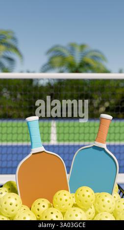 Farbenfrohe Paddel und Bälle auf einem Pickleball-Platz für Sommerspaß und Outdoor-Aktivitäten. 3D-Rendering Stockfoto