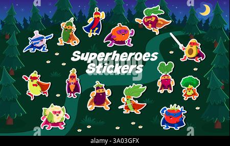 Cartoon Superhelden Gemüsefiguren Aufkleber Pack, Vektor-Comic-Figuren. Lustiger Gurken-Tomaten-Superheld mit Kürbis superman und Spinat d Stock Vektor