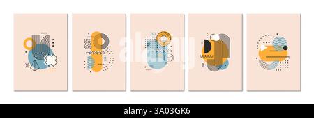 Geometrisch-abstrakte Memphis-Formen-Plakate. Vertikale Flyer- oder Kartenvektorlayouts mit minimalistischen grafischen Formen. Vintage Memphis Figuren Poster te Stock Vektor