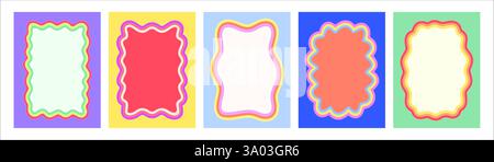 Gewellte Y2K-Farbrahmen mit Wellenlinien in Rechteckform und Rändern im Zickzackmuster im Retro-Stil für Vektortextfelder, Banner oder Etiketten. Y2K f Stock Vektor