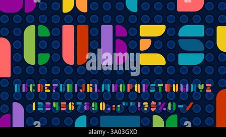 Auffällige moderne Kinderschriftart, abstrakte Schrift, Kinderschriftart, verspielte englische Buchstaben und Zahlenblöcke. Vektortypografie geometrische Schriftart abc-Zeichen Stock Vektor