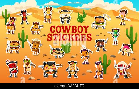 Cartoon Fast Food Ranger und Cowboy, Sheriff und Bandit Charaktere Aufkleber, Vektorpackung. Wild West Aufkleber mit Western Fast Food Cheeseburger Cowboy, Stock Vektor