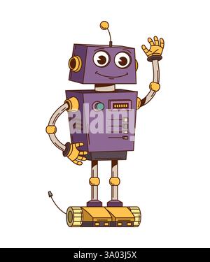 Vintage-Roboter und Droide-lustiger Charakter. Künstliche Intelligenz Droide Cartoon netter Charakter, KI virtueller Assistent android isolierter Vektor per Stock Vektor