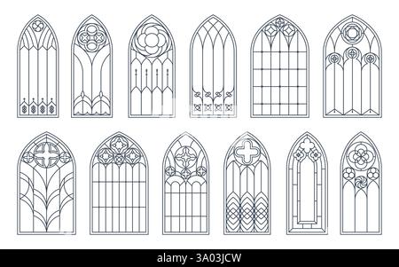 Mittelalterlicher katholischer Bogen und gotische Kirchenfenster. Vektorsatz mit isolierten schwarzen Umrisslinien. Vintage Buntglasrahmen. Traditionell Europäisch Stock Vektor