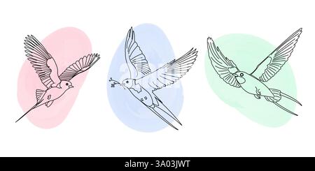 Satz fliegende Schwalben. Frühlingskollektion von Vogel auf linearem Stil mit Aquarellflecken, isoliert auf weißem Hintergrund Stock Vektor