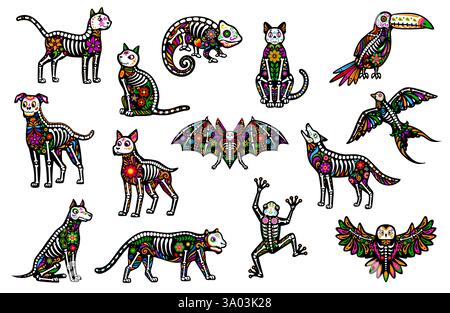 Mexikanisches Tier Tag der Toten Tattoo, Dia de los Muertos Skelette mit Zucker Schädel Calavera Muster. Vektor-mexikanischer Tag der toten Katze und Hund Anim Stock Vektor