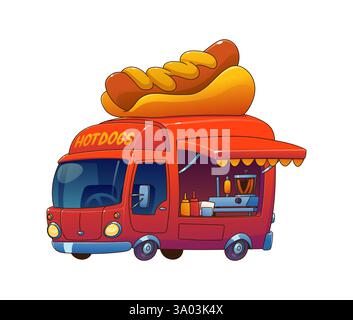 Hot Dog Food Truck Auto, Festival Street Foodtruck Van in roter Farbe mit einem riesigen Hotdog oben. Cartoon Vektor Retro Fahrzeug verfügt über einen offenen Service W Stock Vektor