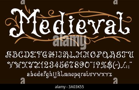 Westliche Vintage-Schriftart, königliche Retro-Schriftart, magischer Fantasy-Typ, mittelalterliches Piratenkorsair-Alphabet mit viktorianischem Blumenrahmen. Englisches Alphabet Stock Vektor
