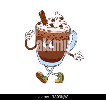 Cartoon groovige heiße Schokolade Dessert Charakter. Isolierter Vektor transparenter Glasbecher oder Tasse Retro-Persönlichkeit glücklich singend oder pfeifend, gekrönt mit Stock Vektor