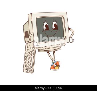 Cartoon-groovige Computerfigur. Vector pc-Monitor-Persönlichkeit in verspielter Pose, die sich auf die Tastatur stützt und den nostalgischen Charme von Vintage-Electroni einfängt Stock Vektor