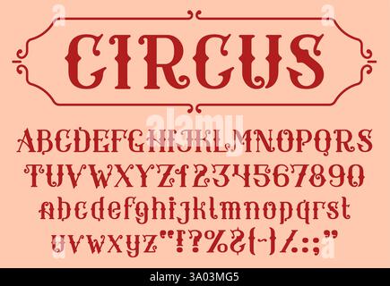 Retro-Zirkusschrift, viktorianische Vintage-Schrift, antike mittelalterliche Schrift, Serifenschrift Alphabet Vektortypografie. Buchstaben und Zahlen im Rahmen von victori Stock Vektor