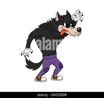 Cartoon-groovige Halloween-Werwolf-Figur in lila Hose und Hippie-Sneakers. Isolierte Vektor-Feiertagstiere, gruselige und unheimliche Wolfsmonst Stock Vektor