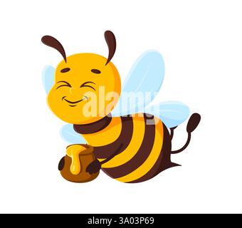 Cartoon Honigbiene Charakter oder niedliche Honigbiene mit Honigtopf, Vektor Tier Maskottchen für Kinder. Lustige Comic-Bienen oder Hummeln fliegen mit Happy Face Carryi Stock Vektor