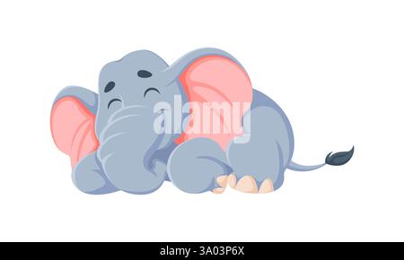 Comic lustige Elefantenfigur, die friedlich mit einem Lächeln im Gesicht schläft. Isolierter Vektor netter entzückender Baby-Elefant mit entspannter Pose und glücklich Stock Vektor