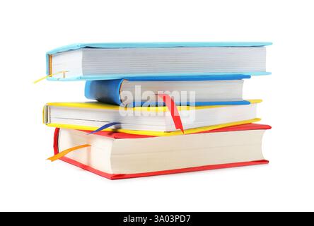 Bücher mit Lesezeichen auf weißem Band Stockfoto