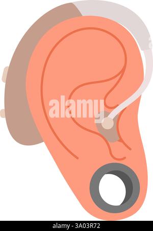 Das menschliche Ohr mit angebrachtem Hörgerät. Handgezeichnetes, flaches Symbol für isoliertes Design. Inklusion und Vielfalt. Digitales Hörgerät. Neuroprothesen für einen Tauben. Schwerhörigkeit und Prothetik Stock Vektor