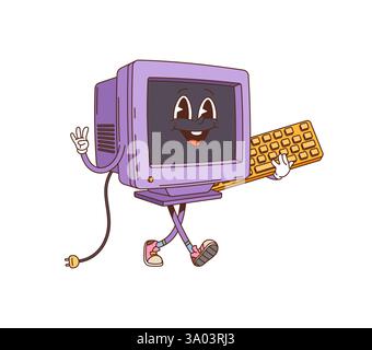Cartoon-Retro-grooviger Computermonitor-Charakter. Vektor-pc-Figur in verspielter Pose mit Tastatur in der Hand, die den nostalgischen Charme des Vintage einfängt Stock Vektor