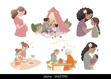 Mothers Day Illustrationsset Hand gezeichneter Clipart für Karten Abzüge und Sublimation Stock Vektor