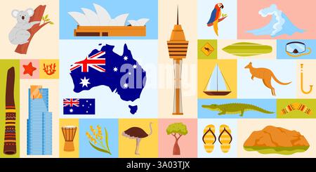 Vektor-Illustration mit Schlüsselsymbolen der australischen Kultur, Tierwelt und berühmten Wahrzeichen. Spiegelt die nationale Identität und das Erbe Australiens wider. Stock Vektor