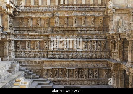 Rani Ki vav, Schritt gut, Steinschnitzerei, Patan, Gujarat, Indien, Asien Stockfoto