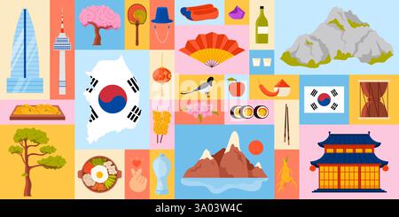 Reisen Sie nach Südkorea, geometrische Infografik-Bannerdesign mit koreanischer Kultur, Wahrzeichen und Speisen. Karte mit Landflagge, Felsen und Gyeongbokgung Palast, Kimchi und Soju Cartoon Vektor Illustration Stock Vektor
