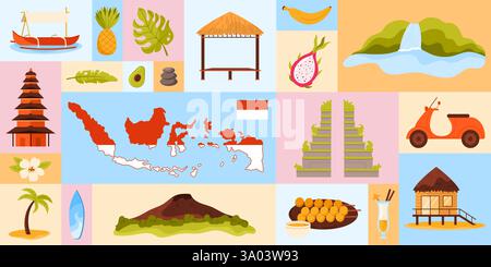 Vektor-Illustration mit verschiedenen kulturellen Elementen Indonesiens, von Architektur über Essen, traditionelle Kunst und berühmte Wahrzeichen. Spiegelt das reiche Erbe Indonesiens wider. Stock Vektor