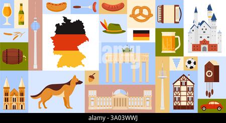 Reisen Sie nach Deutschland mit geometrischem Bannerdesign mit deutschen Elementen der Kultur, Sehenswürdigkeiten und Speisen. Karte mit Landflagge, Bier und Würstchen des Oktoberfestes, traditionelle Häuser Cartoon Vektor Illustration Stock Vektor