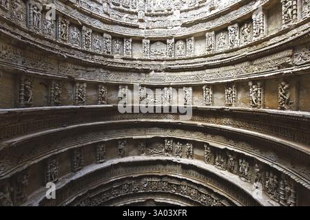 Rani Ki vav, Schritt gut, Steinschnitzerei, Patan, Gujarat, Indien, Asien Stockfoto