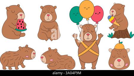 Vektor-Capybara-Set. Niedliche Capibara-Tiere-Sammlung. Lustige Meerschweinchen meditieren, schlafen, entspannen, Ballons fliegen, Eis essen, Spaß haben Stock Vektor