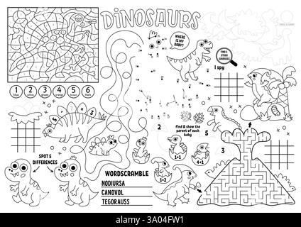 Vector Dinosaurier Tischset für Kinder. Prähistorische, druckbare Aktivitätsmatte mit Labyrinth, Tic Tac Zehenkarten, verbinde die Punkte, finde Unterschiede. Das antike Tier Stock Vektor
