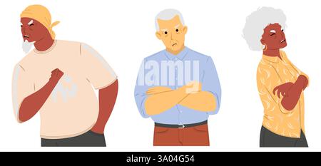 Drei unterschiedliche Individuen zeigen Anzeichen von Wut und Frustration in einer stilisierten Illustration, wobei ihre Körpersprache Spannungen während einer Meinungsverschiedenheit vermittelt Stock Vektor