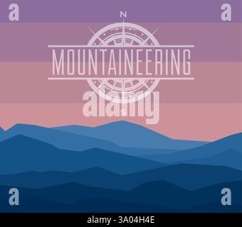 Landschaft mit Silhouetten von blauen Bergen bei Sonnenuntergang. Flaches Design. Stock Vektor