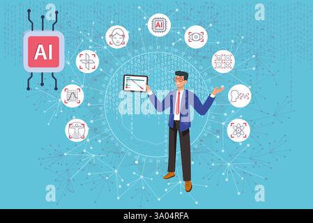 Geschäftsmann präsentiert Funktionen der künstlichen Intelligenz, Big Data, das Internet der Dinge und Datenanalysen mit einem Tablet über binärem Code-Hintergrund. V Stockfoto