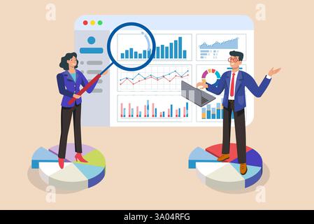 Geschäftskollegen analysieren Finanzdaten mithilfe einer Lupe und eines Laptops mit Diagrammen und Diagrammen und arbeiten gemeinsam am Projekt. Vektorillustratio Stockfoto