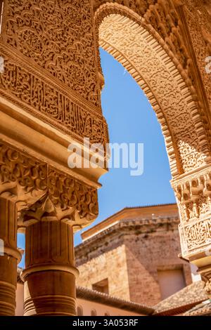 Kunstvoller maurischer Bogen mit arabischen Schnitzereien, die von der pulsierenden spanischen Sonne im bezaubernden Löwenhof von Alhambras beleuchtet werden Stockfoto