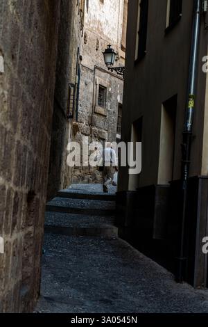 Steintreppen in Granadas mittelalterlicher Gasse, die Andalusiens verborgenen maurischen Charme und einen Einblick in das authentische spanische tägliche Leben offenbart Stockfoto