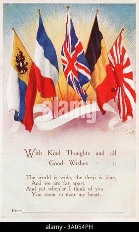 Fünf Flaggen der Alliierten, Postkarte aus der Zeit des Ersten Weltkriegs. Stockfoto
