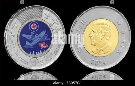 2024 kanadische 2 Dollar Münze zum 100. Jahrestag der Royal Canadian Air Force. Die Vorderseite zeigt ein Porträt von König Karl III Stockfoto