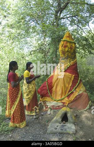 Frauen, die Schlangen, Putru oder Weiße Ameisenhügel in der Nähe von Adoor, Tamil Nadu, Indien, Asien anbeten Stockfoto