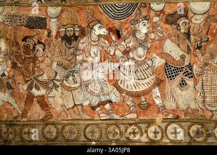 Wandgemälde im Veerabhadra-Tempel in Lepakshi, Andhra Pradesh, Indien, Asien Stockfoto