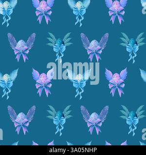 Wunderschöne bunte Eier mit Flügeln und schönen Bögen auf weißem Hintergrund, nahtloses Muster Stockfoto